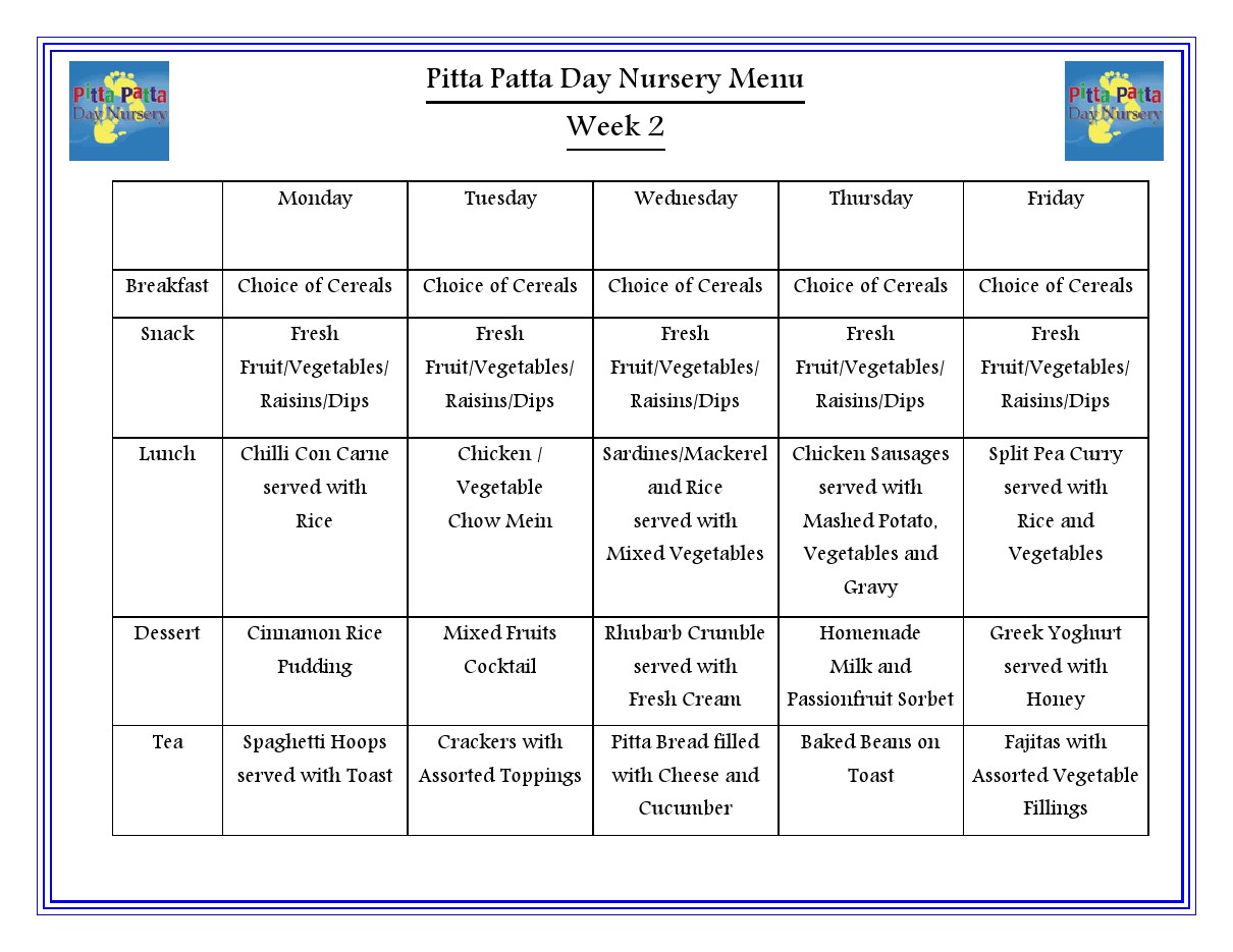 Menus - Pitta Patta Day Nursery Forest Hill, Childcare, Nurseries