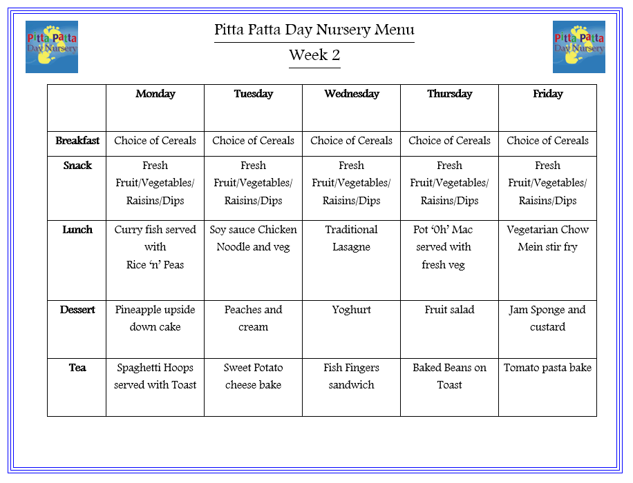 Menus - Pitta Patta Day Nursery Forest Hill, Childcare, Nurseries ...