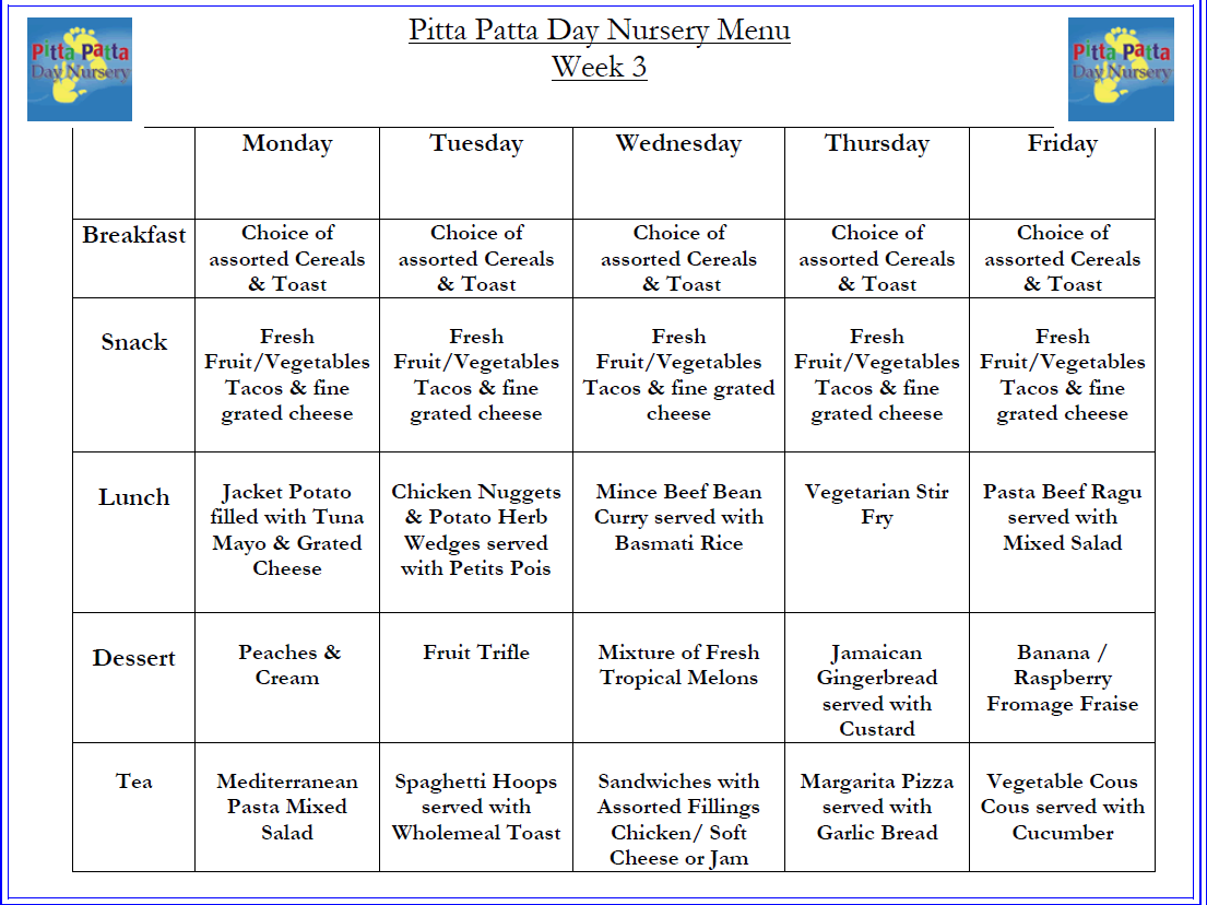 Menus - Pitta Patta Day Nursery Forest Hill, Childcare, Nurseries ...